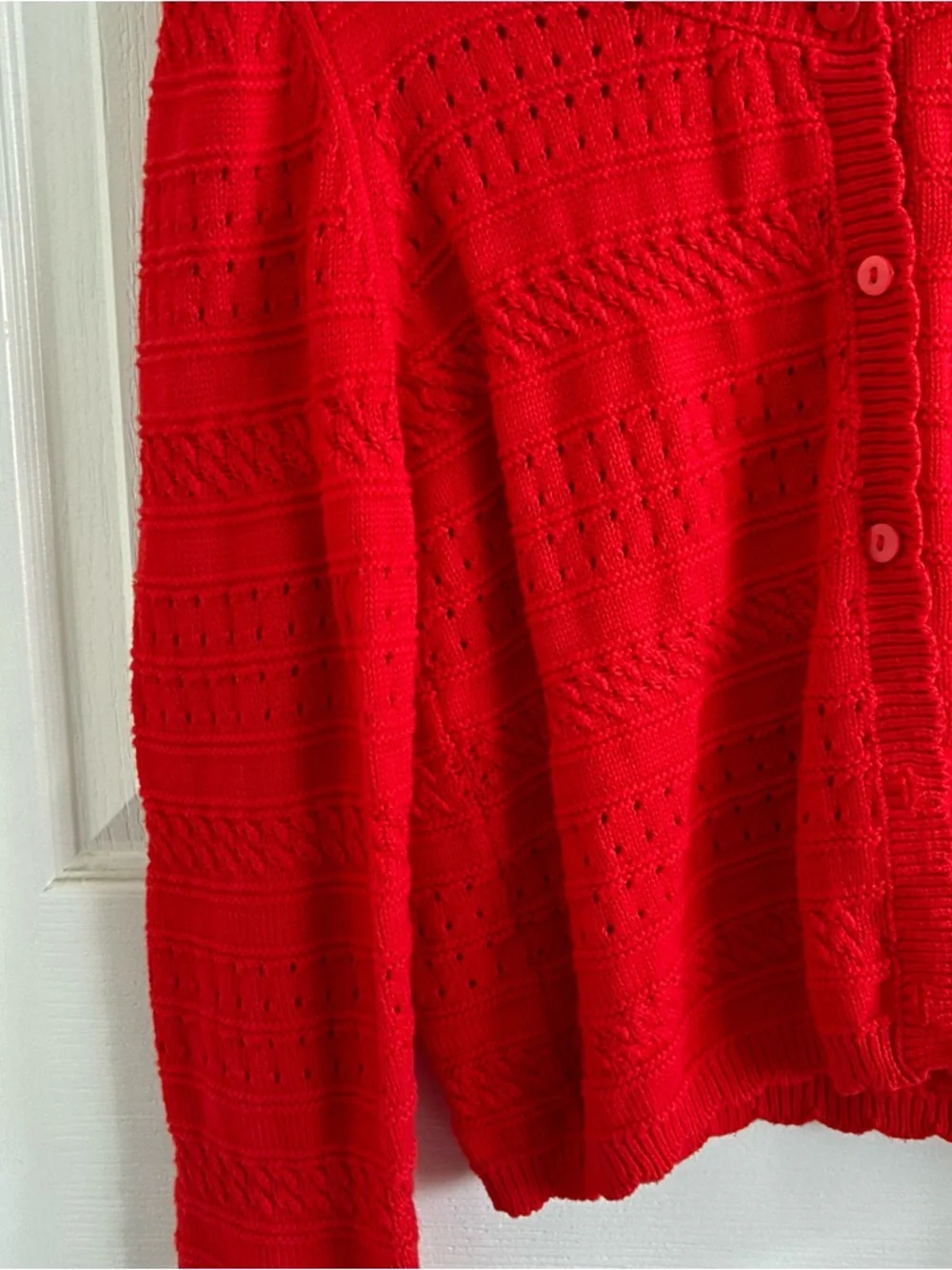Bright Red Openwork Button-Front Cardigan Sweater - Picture 4 of 7
